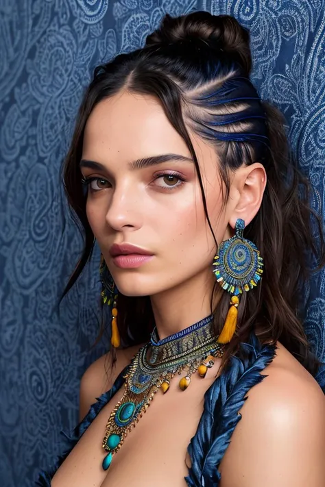 beautiful woman (sfnr-4000:.99), perfect hair, indian feather jewellery, tribal face paint, ((portrait)), (closeup:1.2), ((from the waist up)), (((indigo paisley backdrop:1.2 ))), natural skin texture, ((mohawk costume :1.2)), 24mm, 4k textures, soft cinematic light, adobe lightroom, photolab, hdr, intricate, elegant, highly detailed, sharp focus, ((((cinematic look)))), soothing tones, insane details, intricate details, hyperdetailed, low contrast, soft cinematic light, exposure blend, hdr, faded, now, ("I've got a bad feeling about this.":1.1)