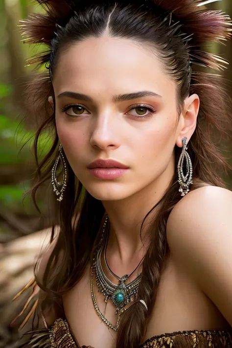beautiful woman (sfnr-4000:.99), perfect hair, jewellery, ((portrait)), (closeup:1.2), ((from the waist up)), (((A deep fir forest environment:1.2 ))), natural skin texture, ((mohawk costume :1.2)), 24mm, 4k textures, soft cinematic light, adobe lightroom, photolab, hdr, intricate, elegant, highly detailed, sharp focus, ((((cinematic look)))), soothing tones, insane details, intricate details, hyperdetailed, low contrast, soft cinematic light, exposure blend, hdr, faded, now, ("I've got a bad feeling about this.":1.1)