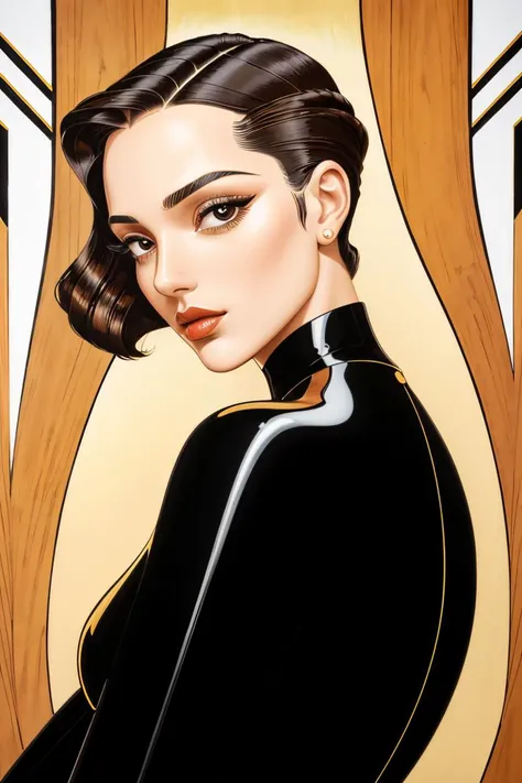 (art deco inspired painting of, decorative:1.2) sfnr:1.4, focus on eyes, risque, sexy and seductive, slicked back hair styled wind-swept hair, crystal clear, (black-lacquer linework:1.2), (dark teak tones:1.2), (glossy golden highlights:1.2), by Erte, Vargas, Helena Lam, Franois Batet