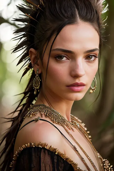 beautiful woman (sfnr-4000:.99), perfect hair, jewellery, ((portrait)), (closeup:1.2), ((from the waist up)), (((A deep fir forest environment:1.2 ))), natural skin texture, ((mohawk costume :1.2)), 24mm, 4k textures, soft cinematic light, adobe lightroom, photolab, hdr, intricate, elegant, highly detailed, sharp focus, ((((cinematic look)))), soothing tones, insane details, intricate details, hyperdetailed, low contrast, soft cinematic light, exposure blend, hdr, faded, now, ("I've got a bad feeling about this.":1.1)