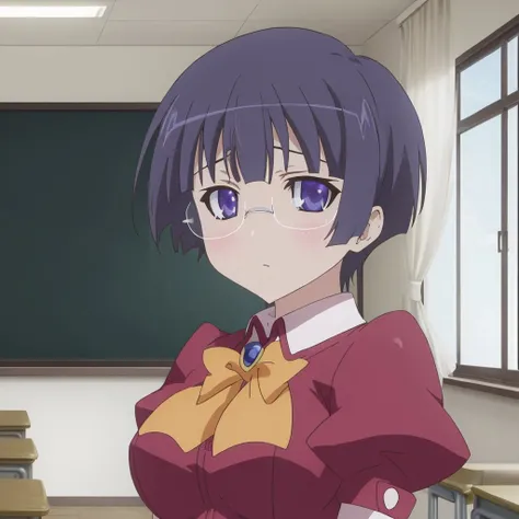 Suiran_Fou, blue eyes, short hair, large breasts, glasses, anime screencap, school uniform, classroom, facing viewer, <lora:Suiran_Fou_v2:0.8>, masterpiece, best quality
