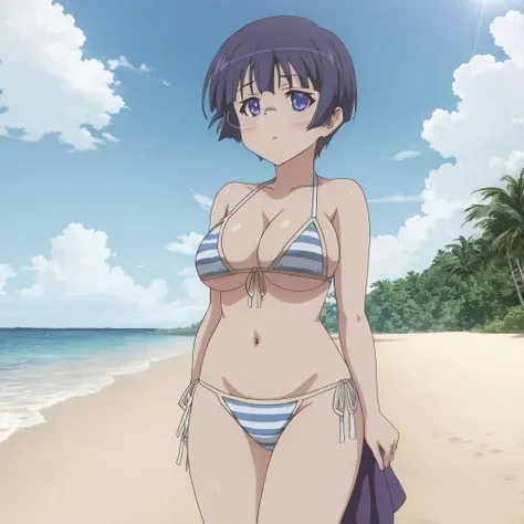 Suiran_Fou, blue eyes, short hair, large breasts, glasses, anime screencap, striped bikini, beach, sky, waves, sun <lora:Suiran_Fou_v2:0.8>, masterpiece, best quality