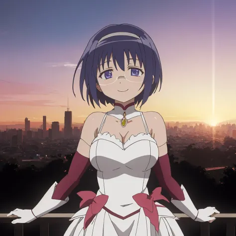 Suiran_Fou, blue eyes, purple_hair, short hair, large breasts, glasses, anime screencap, city, skyline, mahou shoujo madoka magica, magical girl dress, ribbons, sunset, smile <lora:Suiran_Fou_v2:0.5>, masterpiece, best quality