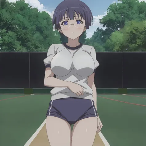 Suiran_Fou, blue eyes, short hair, large breasts, glasses, anime screencap, gym uniform, (blue bloomers:1.2), nature, solo <lora:Suiran_Fou_v2:0.8>, masterpiece, best quality