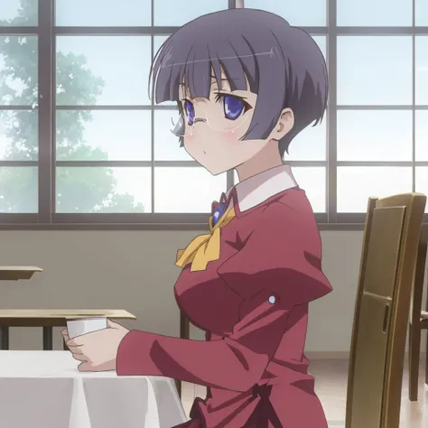 Suiran_Fou, blue eyes, short hair, large breasts, glasses, anime screencap, sitting, table, cup, school uniform, dining room, <lora:Suiran_Fou_v2:0.8>, masterpiece, best quality
