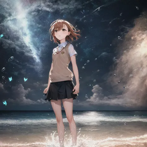 masterpiece, best quality,, misaka mikoto, short hair, mid shot, full body, ocean, sea waves, water splashes, sky, light particles, butterflies, night, starry sky <lora:misaka_mikoto:1>