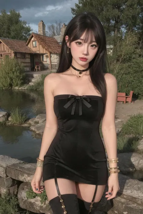 <lora:doll1-000004:0.6>1girl, upper_body, Velvet mini dress, Thigh-high boots, Statement choker, and cuff bracelets., Rustic cottage by a glistening lake