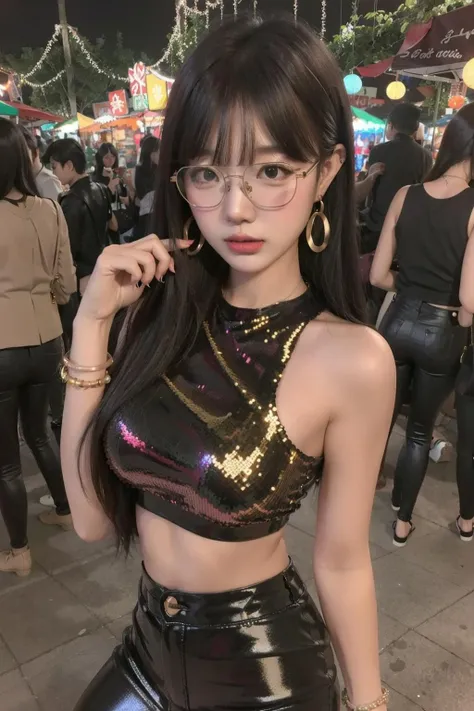 <lora:doll1-000004:0.6>1girl,glasses, upper_body, Sequin top, Faux leather pants, Heeled booties, Statement earrings, and cocktail ring, Bustling night market filled with colorful lights
