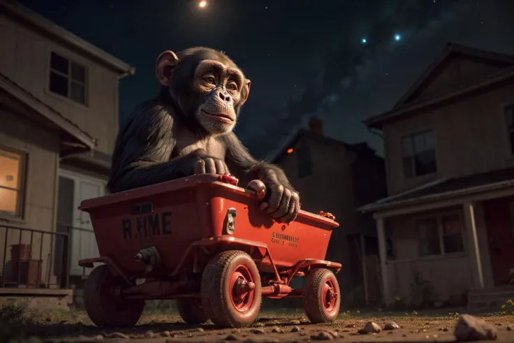 (RAW photo, best quality), An otherworldly photo of a chimpanzee sitting in a (radio_flyer_toy_wagon:small, red, rubber tires), ethereal, wide shot, night, from below, suburbia,<lora:add_detail:1>, Bg2v1, crewdson, outdoors