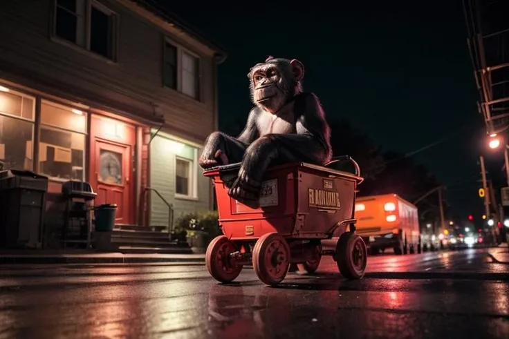 An otherworldly photo of a lonely chimpanzee sitting in a (radio_flyer_cart:small, red, rubber tires), suburbia, wide shot, night, cinematic, from below, outdoors, <lora:add_detail:1>, fujifilm xt3, expired film, 800iso, rec.709