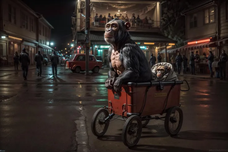 An otherworldly photo of a chimpanzee sitting in a (radio_flyer_toy_wagon:small, red, rubber tires), ethereal, wide shot, night, from below, suburbia,<lora:add_detail:1>, Bg2, crewdson, outdoors, hyper realistic, intricate design, out of focus, RAW photograph, art portrait, absurdres:1.2, highest details, backlighting, light on face, highest quality, ultra detailed, highres, cinematic light, outdoors
(best quality, photorealistic, masterpiece:1.3), , <lora:djmixlora:0.7> <lora:arteLora:0.3> <lora:FilmVelvia3:0.3> <lora:80s_offset:0.3> <lora:3klora:0.25> <lora:hhl2_1.0:0.3> <lora:djNM1.1:0.7>, (RAW photo, best quality),