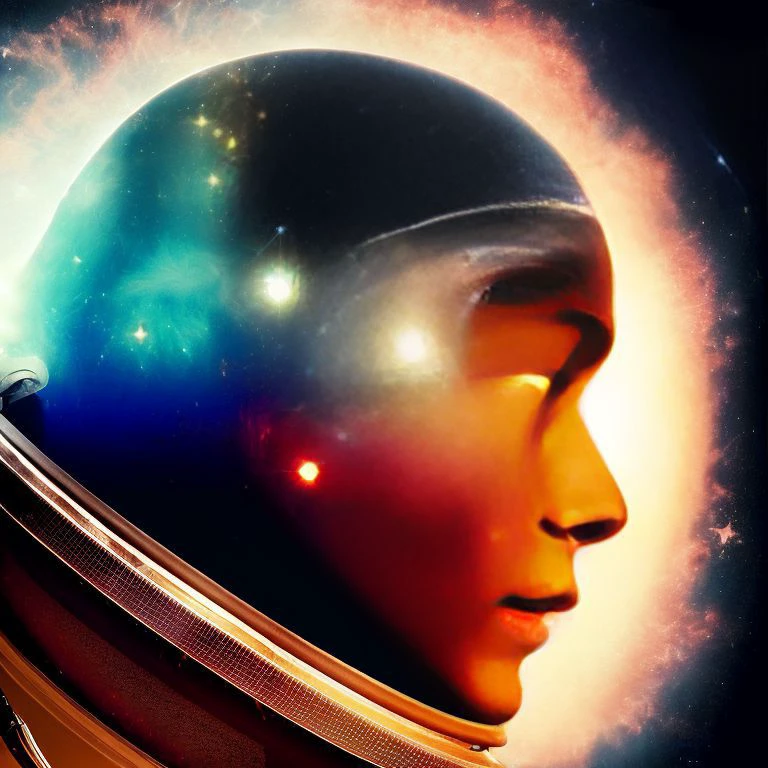 dblxp cosmonaut profile made out of space, planets and a star, black background