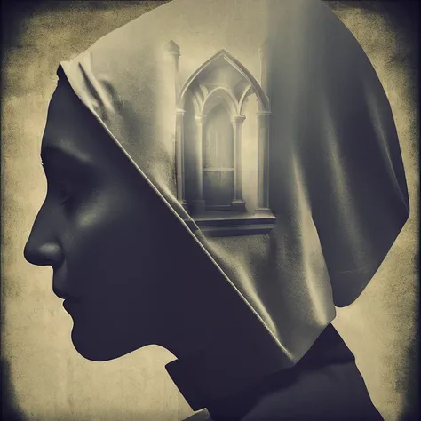 dblxp close-ip profile of a nun made out of a church, dark background, photo