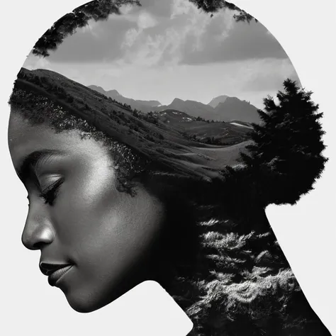 dblxp profile of a black woman made out of a landscape, white background