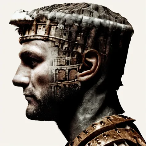 dblxp close-up profile of a Roman gladiator made out of the colosseum, photo, white background