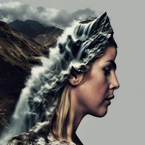 dblxp close-up profile of a woman made out of a mountain waterfall, grey background