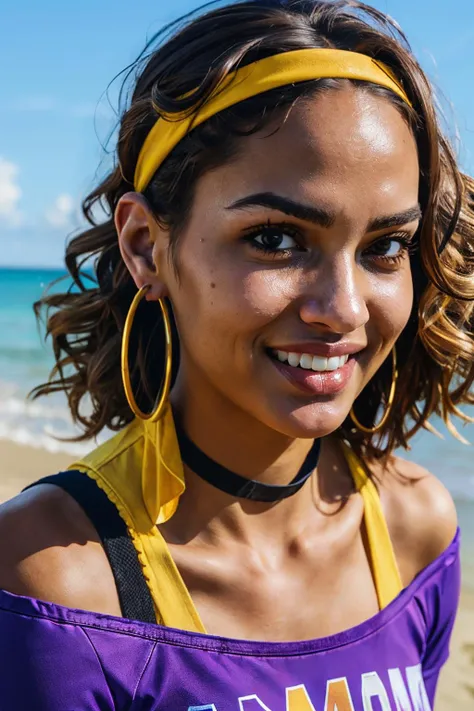 Thalita, brown eyes, curly brown hair,hairband, choker, hoop earrings, bracelets, purple shirt, off shoulder, looking at viewer, smiling, close up, outside, beach, sunny, high quality, masterpiece,  <lora:ThalitaLyra:.8>