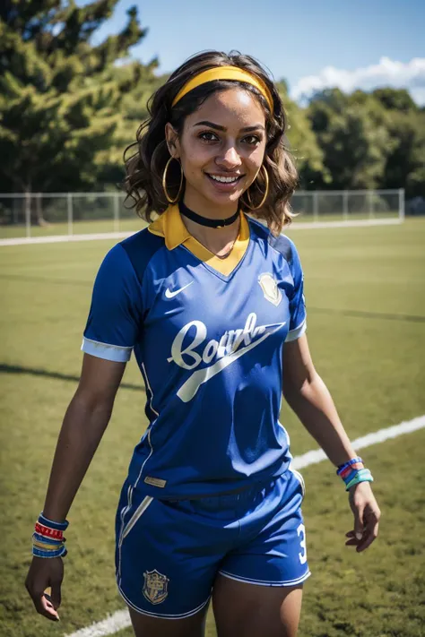 Thalita, brown eyes, curly brown hair,hairband, choker, hoop earrings, bracelets, white and blue soccer uniform, shirt, shorts, looking at viewer, smiling, standing, outside, soccer field, trees, blue sky, high quality, masterpiece,  <lora:ThalitaLyra:.8>