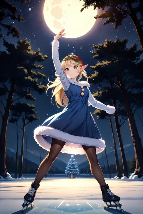 professional lighting,moody lighting,(cold lighting:1.8),full body,dynamic angle,(dynamic pose:1.2),<lora:anti_longtorso_v10:1>,
BREAK
1girl,solo,elf,pointy ears,clear face,expressionless,yellow eyes,(facing up,looking up:1.3),<lora:Loraeyes_V1:0.5>,
BREAK
blonde hair,long hair,tiara,(christmas,christmas tree,christmas illumination:1.4),
BREAK
figure skating,figure skating dress,(blue dress:1.4),tights,(skating:1.4),(frozen lake:1.6),
BREAK
outdoors,winter,(nature,forest:1.6),(night,night sky,full moon:1.4),(snow,snowing:1.4),<lora:boldline:-0.5>,<lora:hyperdetailer_v095:0.3>,<lora:Urushihara Satoshi_v3:0.5>,