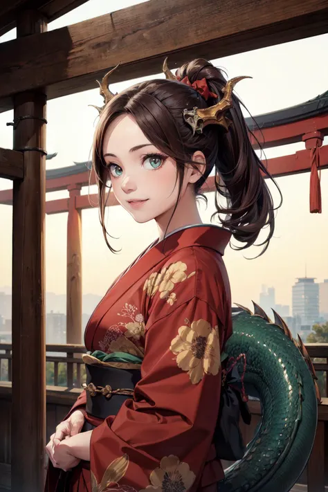 professional lighting,from side,(cowboy shot:1.2),stylish pose,<lora:anti_longtorso_v10:2>,
BREAK
1girl,solo,smile,green eyes,(slit pupils:1.2),<lora:Loraeyes_V1:0.5>,
BREAK
brown hair,long hair,(forehead:1.1),ponytail,hair ribbon,curry,(dragon horns:1.3),(dragon tail:1.4),
BREAK
japanese clothes,(red kimono,print kimono:1.2),(furisode:1.2),obi,
BREAK
outdoors,winter,new year,day,japan,(shrine,torii:1.2),<lora:boldline:-0.3>,<lora:hyperdetailer_v095:0.3>,<lora:SEISHOUJO:0.3>,, (masterpiece, ultra-detailed, best quality:1.5),
(high resolution:1.5),(beautiful pretty cute face, beautiful detailed eyes:1.3),
shiny skin,shiny hair,