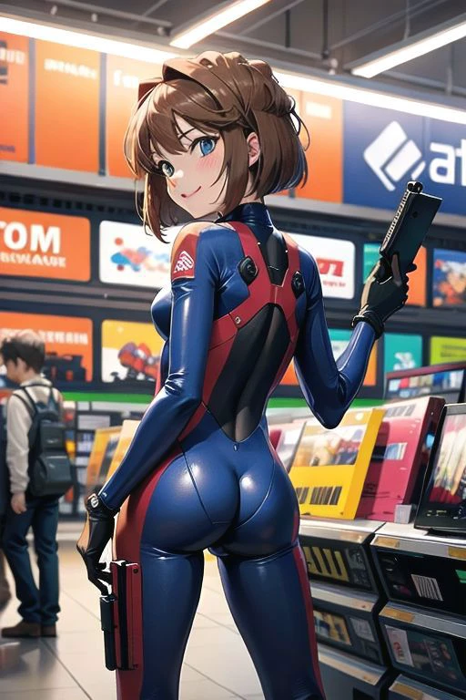 From behind,
( In the crowded electronics store :1.4),
( colorful plugsuit ) , ( battlesuit : 1.3) ,
( covered nipples: 1.15 ) ,
( blush , orgasm, embarrassed,smile : 1.0) , (covered nipple :1.0) , ( camel toe : 1.2) , holster, gun, rifle,
(Customers : 1.1) , table, mobile phone , Dynamic pose , action scene,
( masterpiece:1.1) ,
aihaibara