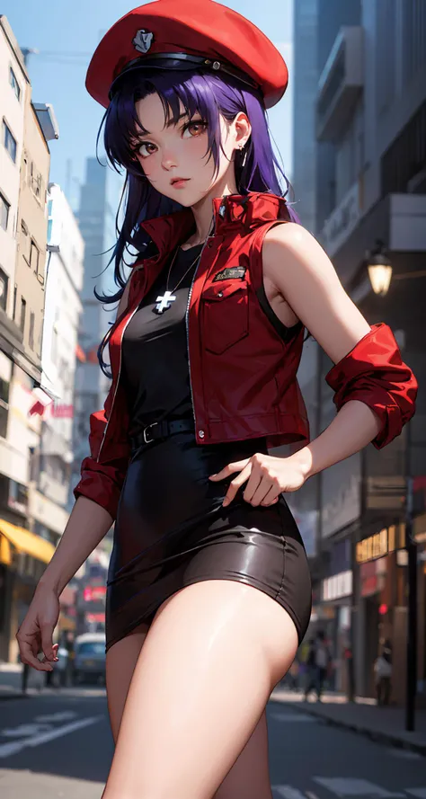 misatokatsuragi,misato katsuragi,long hair,(brown eyes:1.5),blue hair,(purple hair:1.2) BREAK hat,dress,bare shoulders,jewelry,jacket,earrings,open clothes,sleeveless,necklace,black dress,open jacket,sleeveless dress,beret,short dress,cross,red headwear,(red jacket:1.5),cross necklace BREAK outdoors,city BREAK looking at viewer,(cowboy shot:1.5) BREAK (masterpiece:1.2),best quality,high resolution,unity 8k wallpaper,(illustration:0.8),(beautiful detailed eyes:1.6),extremely detailed face,perfect lighting,extremely detailed CG,(perfect hands, perfect anatomy),<lora:misatokatsuragi-lora-nochekaiser:1>,