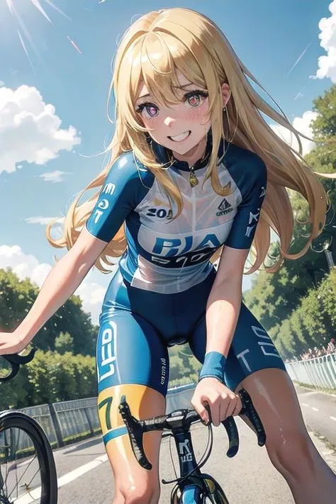(Tour de France, cycling :1.5),
( camel toe : 1.7) ,( covered nipples: 1.8) ,
( blush , embarrassed, orgasm, smile : 1.2) , ( squirting, sweating : 1.3) , ( wet see through :1.3) ,
( masterpiece:1.1),skin tight, ( light blue uniform, white pants : 1.1) ,
misaki shokuhou, blonde hair, hair between eyes, long hair, (symbol-shaped pupils:1.5), yellow eyes,