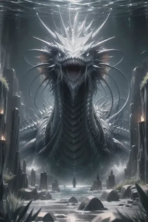 (high quality:1.4), (high resolution:1.3), (incredibly detailed:1.28), cinematic lighting, masterpiece, leviathandef, no humans, glowing eyes, water