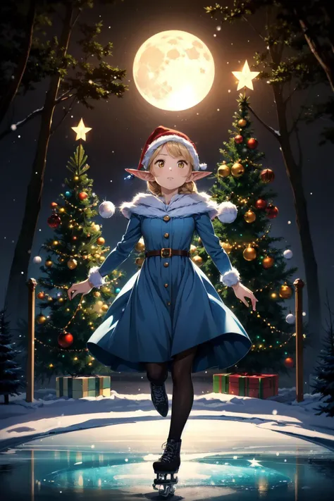 professional lighting,moody lighting,(cold lighting:1.8),full body,dynamic angle,(dynamic pose:1.2),<lora:anti_longtorso_v10:1>,
BREAK
1girl,solo,elf,pointy ears,clear face,expressionless,yellow eyes,(facing up,looking up:1.3),<lora:Loraeyes_V1:0.5>,
BREAK
blonde hair,long hair,tiara,(christmas,christmas tree,christmas illumination:1.4),
BREAK
figure skating,figure skating dress,(blue dress:1.4),tights,(skating:1.4),(frozen lake:1.6),
BREAK
outdoors,winter,(nature,forest:1.6),(night,night sky,full moon:1.4),(snow,snowing:1.4),<lora:boldline:-0.5>,<lora:hyperdetailer_v095:0.3>,<lora:Urushihara Satoshi_v3:0.5>,, (masterpiece:1.5),(ultra detailed:1.4),
(best quality:1.4),(beautiful pretty cute face:1.4),(beautiful pretty cute eyes),
shiny skin,shiny hair,