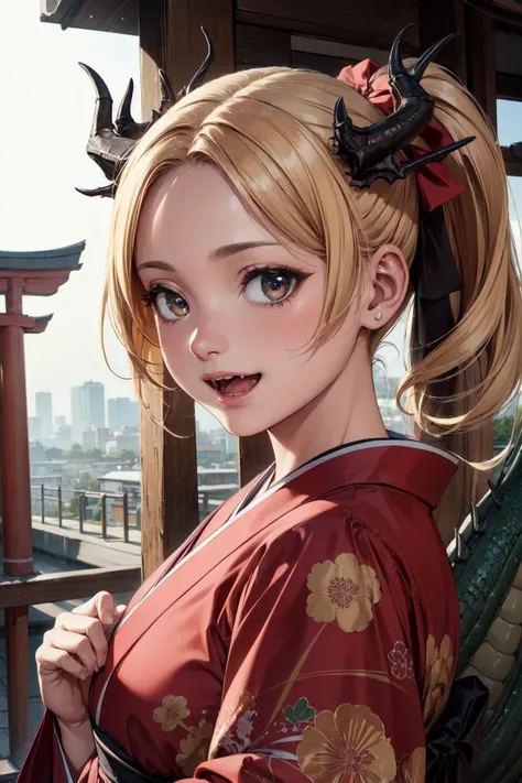 professional lighting,from side,(cowboy shot:1.2),stylish pose,<lora:anti_longtorso_v10:2>,
BREAK
1girl,solo,smile,open mouth,red eyes,slit pupils,<lora:Loraeyes_V1:0.5>,
BREAK
blonde hair,long hair,(forehead:1.1),ponytail,hair ribbon,curry,(dragon horns:1.3),(dragon tail:1.4),
BREAK
japanese clothes,(pink kimono,print kimono:1.2),(furisode:1.2),obi,
BREAK
outdoors,winter,new year,day,japan,(shrine,torii:1.2),<lora:boldline:-0.3>,<lora:hyperdetailer_v095:0.3>,<lora:SEISHOUJO:0.3>,, (masterpiece, ultra-detailed, best quality:1.5),
(high resolution:1.5),(beautiful pretty cute face, beautiful detailed eyes:1.3),
shiny skin,shiny hair,