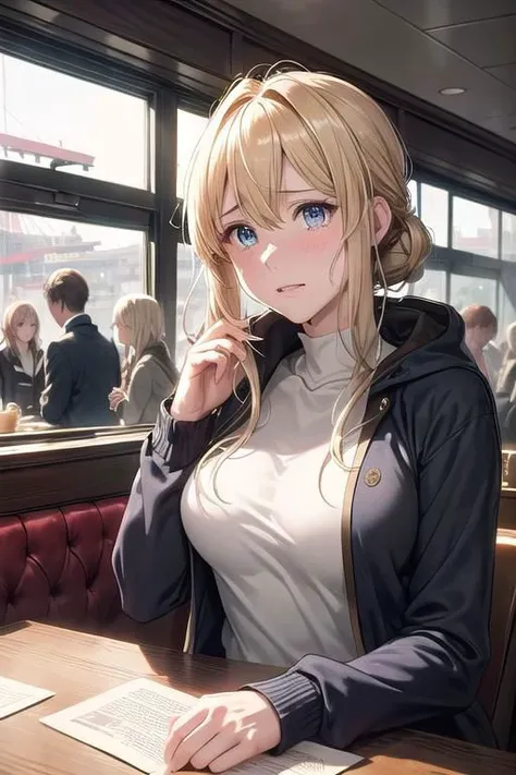 (high quality:1.4), (high resolution:1.3), (incredibly detailed:1.28), cinematic lighting, masterpiece, perfect anatomy, (pov:1.25),1woman,
shy,Very embarrassing.,tearful face,getting red in the face,Revealing her own breasts,expose one's chest,tear,teary eyes,
yacht hoodie,Yacht parka on bare skin,Front-opening hoodie,
,Hard pointed nipples,
blond hair,blue eyes,Violet Evergarden,
American diner,Coffee on the table,Bright store interior,crowd of customers,Inside the store crowded with customers,