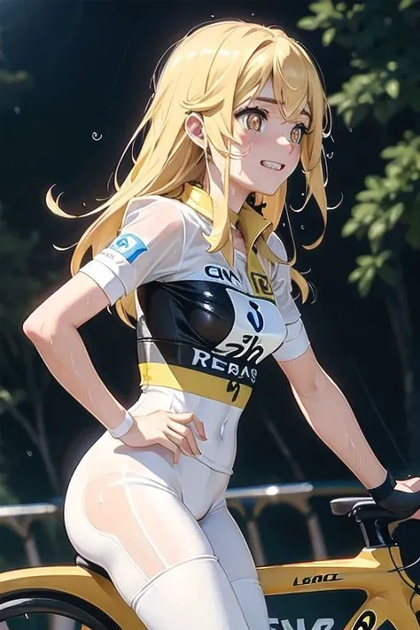 (Tour de France, cycling :1.5),
( camel toe : 1.7) ,( covered nipples: 1.6) ,
( blush , embarrassed, orgasm, smile : 1.2) , ( squirting, sweating : 1.3) , ( wet see through :1.3) ,
( masterpiece:1.1),skin tight, ( white uniform, white pants : 1.1) , side view,
misaki shokuhou, blonde hair, hair between eyes, long hair, (symbol-shaped pupils:1.5), yellow eyes,