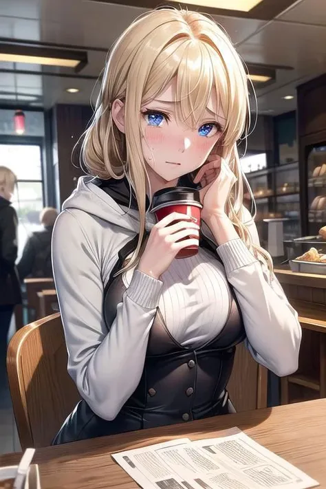 (high quality:1.4), (high resolution:1.3), (incredibly detailed:1.28), cinematic lighting, masterpiece, perfect anatomy, (pov:1.25),1woman,
shy,Very embarrassing.,tearful face,getting red in the face,Revealing her own breasts,expose one's chest,tear,teary eyes,
yacht hoodie,Yacht parka on bare skin,Front-opening hoodie,
,Hard pointed nipples,
blond hair,blue eyes,Violet Evergarden,
American diner,Coffee on the table,Bright store interior,crowd of customers,Inside the store crowded with customers,