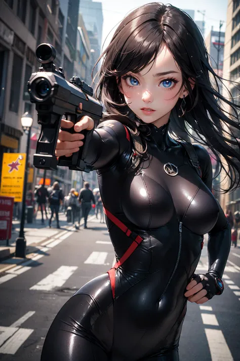 masterpiece, high quality, perfect eyes, extremely detailed face, perfect lighting, unity 8k wallpaper, (illustration:0.8), extremely detailed CG, (perfect hands, perfect anatomy), epic, illustration, render, bokeh photo,
1girl, cute girl, black hair, long hair, black bodysuit, extremely detailed bodysuit, dynamic pose, action scene,  (Aim with a gun:1.1), (aiming at viewer:1.2),
cityscape,