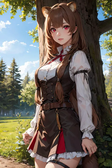raphtalia,raphtalia,animal ears,brown hair,long hair,raccoon ears,raccoon girl,raccoon tail,(red eyes:1.5),tail BREAK arm garter,belt,brown belt,brown dress,dress,juliet sleeves,long sleeves,puffy sleeves,short dress BREAK looking at viewer BREAK outdoors,forest,nature,sun,sky,(cowboy shot:1.5) BREAK (masterpiece:1.2),best quality,high resolution,unity 8k wallpaper,(illustration:0.8),(beautiful detailed eyes:1.6),extremely detailed face,perfect lighting,extremely detailed CG,(perfect hands, perfect anatomy),<lora:raphtalia-lora-nochekaiser:1>,