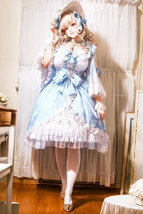 <lora:whdbd:0.78>, (whdbd,white dress,jewelry,necklace,bonnet,long sleeves,bow,lace trim,lace,frills,pantyhose, very long bow hairs, blonde red color hairs, green eyes):1.2,
BREAK ((1woman, young woman, adorable, clear face, young face, solo)), (((full body))):1.35, (milky skin, curvy body, slender body, idol vibe), ((cool smile, noble posture)),
BREAK soft light, cinematic lighting, detailed(shadow, glow),
BREAK <lora:add_detail:0.45>, extremely detailed, ,4K, CG, finely detailed, (masterpiece, best quality):2.0, ((photorealistic:1.15)),
BREAK <lora:uber_saggy2:0.68>, saggy, sagging_breasts, ((huge breasts)), <lora:GoodHands-vanilla:0.75>,
(garden, central park, tress, snow, snow dust, autumn, crystal flowers):1.1