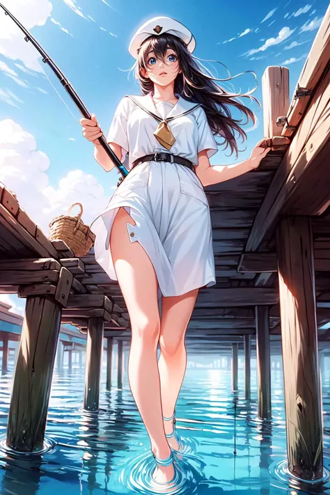 <lora:AliceCarroll:0.75>, (alice carroll, white dress, long green hair, aria company uniform, beret, sailor collar, wet clothes, see-through, (((from below))), (((pier fishing))), (((holding pole))), (((fishing rod))), (((partially submerged))), (((half underwater shot))), ((soaking feet)), ((deep ocean)), ((sun)), ((sky)), fish, bird, wind, flare, glare, cloud, shore, tackle box, sitting, cleavage,  shy, blush,):1.24, <lora:50 pics - pier fishing v1:0.88>,
BREAK 1woman, ((young woman)), adorable, clear face, solo, (((full body))):1.35, (milky skin, curvy body, slender body, idol vibe),
BREAK soft light, light on face, cinematic lighting, detailed(shadow), detailed glow,
BREAK <lora:add_detail:0.45>, extremely detailed, CG, finely detailed, (masterpiece, best quality):2.0, ((photorealistic:1.15)),
BREAK <lora:uber_saggy2:0.68>, saggy, sagging_breasts, ((medium breasts)), <lora:Front face lighting åé¢ã©ã¤ãã¢ãã v2:0.35>, <lora:GoodHands-vanilla:0.72>,
((outdoors, lotus flowers, wind, cozy, Gondola boat)),