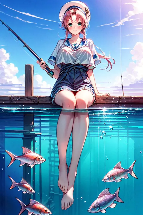 <lora:MizunashiAkariV1:0.7>, (mizunashi akari, uniform, dress, white dress, hat, sailor collar, wet clothes, see-through, (((from below))), (((pier fishing))), (((holding pole))), (((fishing rod))), (((partially submerged))), (((half underwater shot))), ((soaking feet)), ((deep ocean)), ((sun)), ((sky)), fish, bird, wind, flare, glare, cloud, shore, tackle box, sitting, cleavage,  shy, blush,):1.24, <lora:50 pics - pier fishing v1:0.85>,
BREAK 1woman, ((young woman)), adorable, clear face, solo, (((full body))):1.35, (milky skin, curvy body, slender body, idol vibe),
BREAK soft light, light on face, cinematic lighting, detailed(shadow), detailed glow,
BREAK <lora:add_detail:0.45>, extremely detailed, CG, finely detailed, (masterpiece, best quality):2.0, ((photorealistic:1.15)),
BREAK <lora:uber_saggy2:0.68>, saggy, sagging_breasts, ((huge breasts, big tits)), <lora:Front face lighting åé¢ã©ã¤ãã¢ãã v2:0.35>, <lora:GoodHands-vanilla:0.72>,
((outdoors, lotus flowers, wind, cozy)),