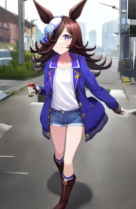 <lora:RiceShower:0.75>, (rice shower \(umamusume\)),looking at viewer, white shirt, open jacket, denim shorts, boots, cityscape, walking,