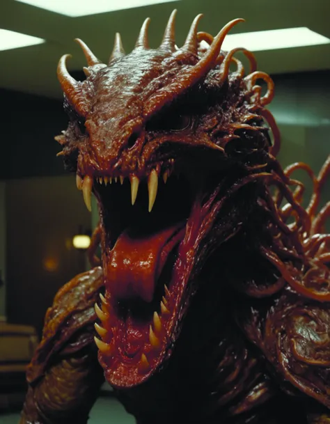 filmic extreme full body wide shot still 4k UHD interior 35mm film color photograph of a detached snarling distorted human head protruding out of a abstract shape shifting tall chimera organism made of human internal organs with a variety of Malacostraca,Chrysaora fuscescens,isopod,and Hydra limbs in the style of a horror film The Thing 1982 trending <lora:lora-bloodyface-lite:0.8>