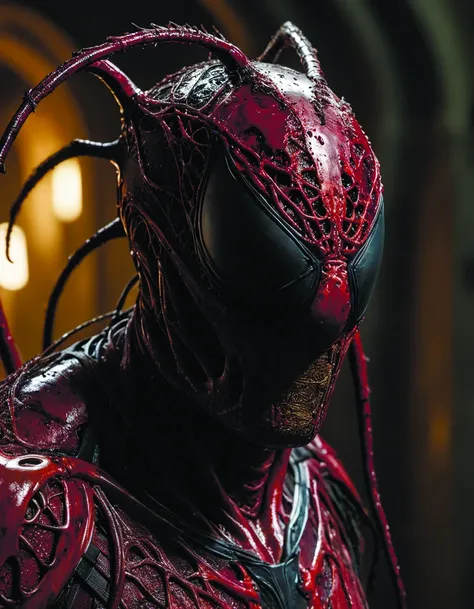 carnage,a formidable villain,bloody,realistic detail,realistic hyper-detailed rendering,realistic painted still lifes,insanely intricate details,highly depicting gotic,cinematic view,<lora:add-detail-xl:1.6>,<lora:lora-bloodyface-lite:0.8>,by diegocr,exoskel <lora:Exoskeletal_Echos:0.7>