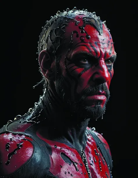 oil paints portrait of,(Darth Maul) as (fluid,(mixture of intertwined bloody red and black colors:1.2),(intense),(3d textures:1.2),(multidimensional),fine quality,texture,(clear sense of flow),ultra detailed,water drops,photo realistic,intricate,8k,(bald head:1.3),<lora:add-detail-xl:1.6>,<lora:SDXL_Black_Sa_May:0.8>,watce <lora:watce-sdxl:0.7>,<lora:lora-bloodyface-lite:0.6>,exoskel <lora:Exoskeletal_Echos:0.5>,by diegocr