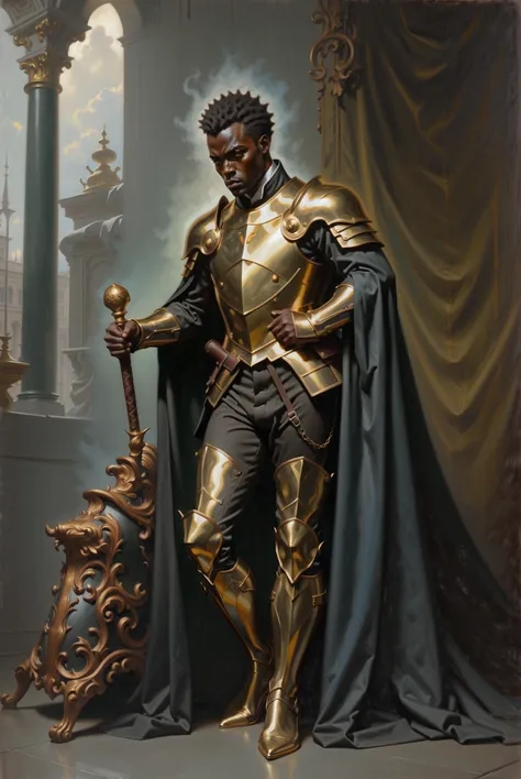 victorian oil painting, portrait, (full body:1.2), 1boy, man, bishounen, solo, [:fantastical costume design,:0.2] beast tamer, matte palegoldenrod (heavy mithril plate shield,gauntlets,armor,greaves:1), (dark skin:1.3), mintcream hair, (muscular:1.3) build<lora:EnvyStudioPortraitXL01:1><lora:EnvyRoughOilXL02:1>