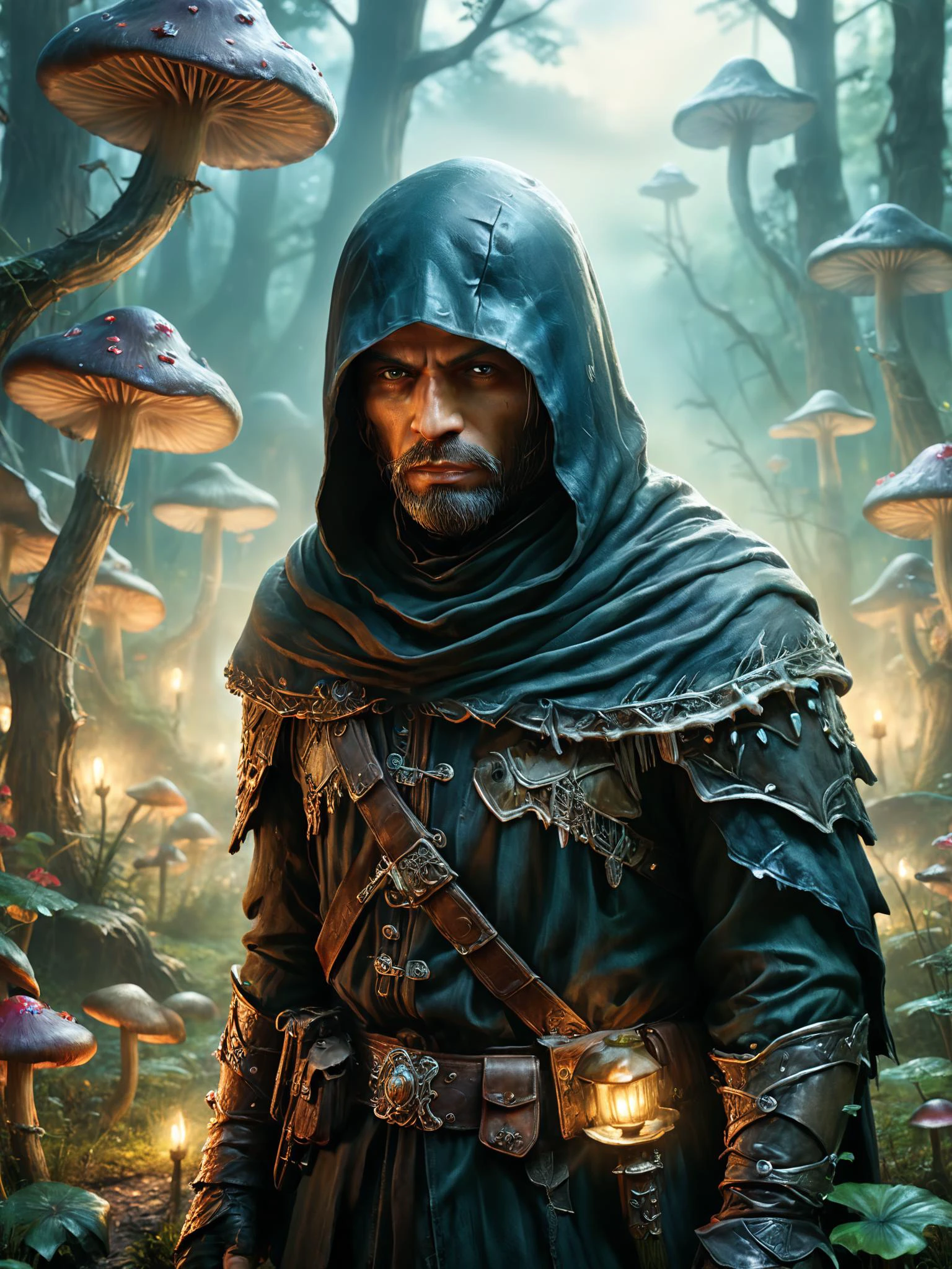photorealistic, detailed digital illustration of a <lora:RPGBanditXL:0.7> bandit , Fantasy forest glade with glowing mushrooms in the background <lora:xl_more_art-full_v1:0.4>, <lora:EnvyStudioPortraitXL01:0.8>, <lora:ral-milkyglass-sdxl:0.8> ral-milkyglass