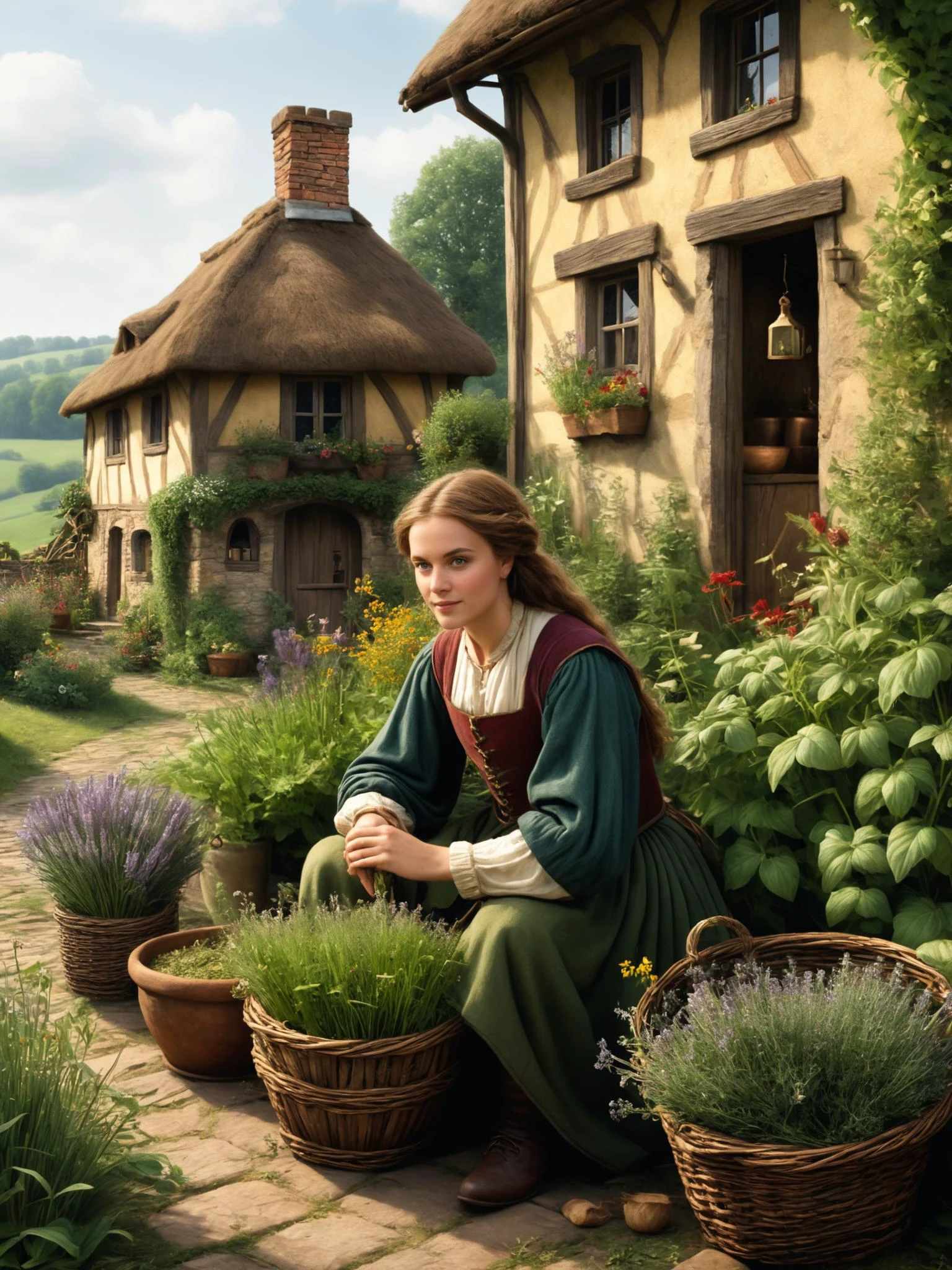 photorealistic, detailed digital illustration of a _custom/characters/character-type-loras , Medieval herbalist's cottage with drying herbs in the background <lora:xl_more_art-full_v1:0.4>, <lora:EnvyStudioPortraitXL01:0.8>, <lora:EnvyVividXL01-adamw:0.7>
