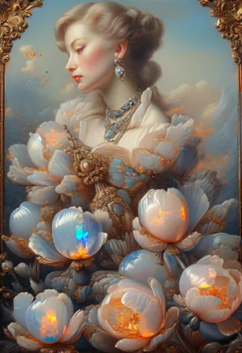 lady wearing a (luxurious:1.3) ral-opal necklace, oil painting, portrait, extremely detailed, masterpiece