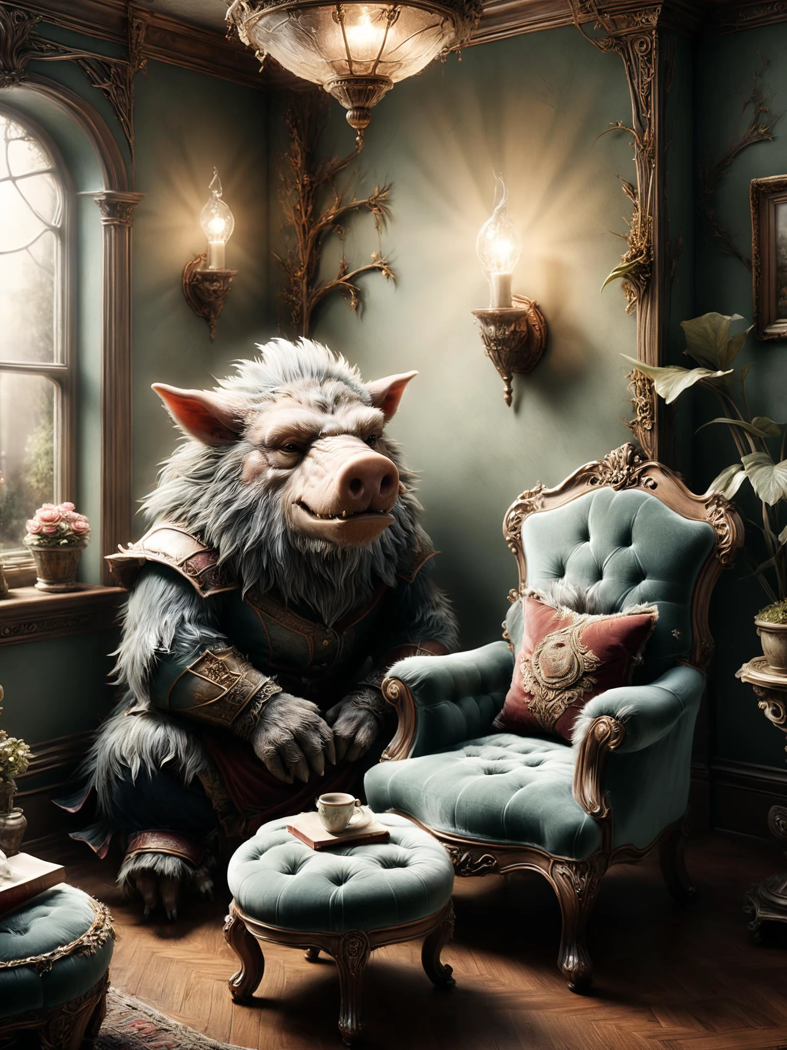 photorealistic, detailed digital illustration of a <lora:RPGWereboarXL:0.7> wereboar , Victorian reading nook with plush chairs in the background <lora:xl_more_art-full_v1:0.4>, <lora:EnvyStudioPortraitXL01:0.8>, <lora:ral-milkyglass-sdxl:0.8> ral-milkyglass