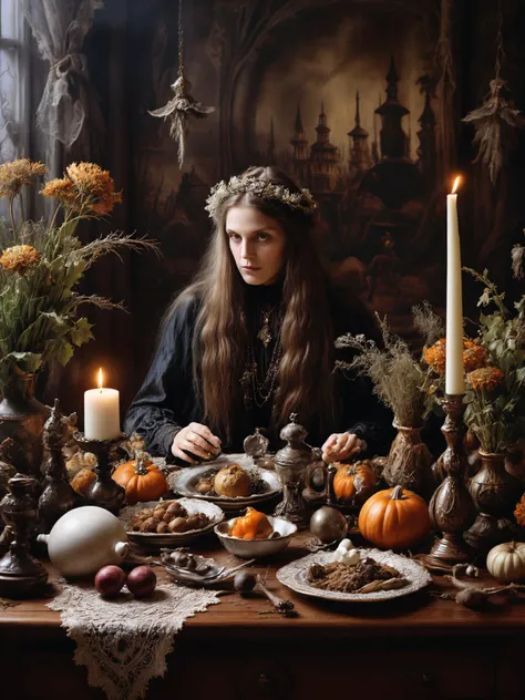 a woman sitting at a table with a plate of food and candles