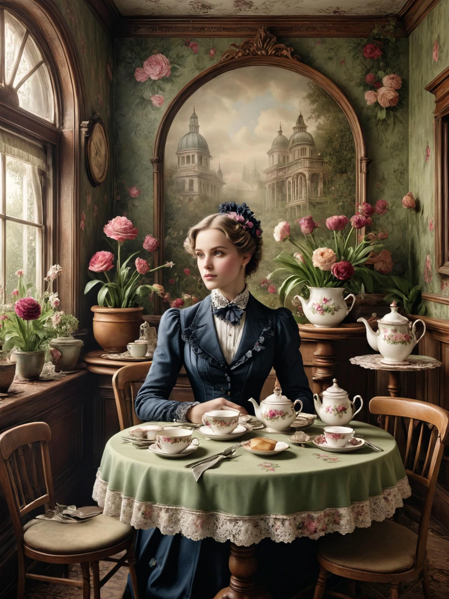 photorealistic, detailed digital illustration of a _custom/characters/character-type-loras , Victorian tearoom with floral wallpaper in the background <lora:xl_more_art-full_v1:0.4>, <lora:EnvyStudioPortraitXL01:0.8>, <lora:Abandoned_SDXL:0.8> ais-abandz