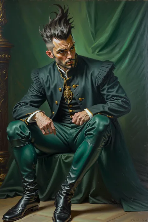 painting of a man in a green suit sitting on a chair